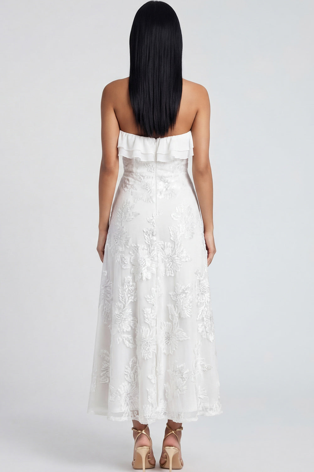 Yellow Floral A Line Strapless Maxi Beach Wedding Guest Dress with Ruffles