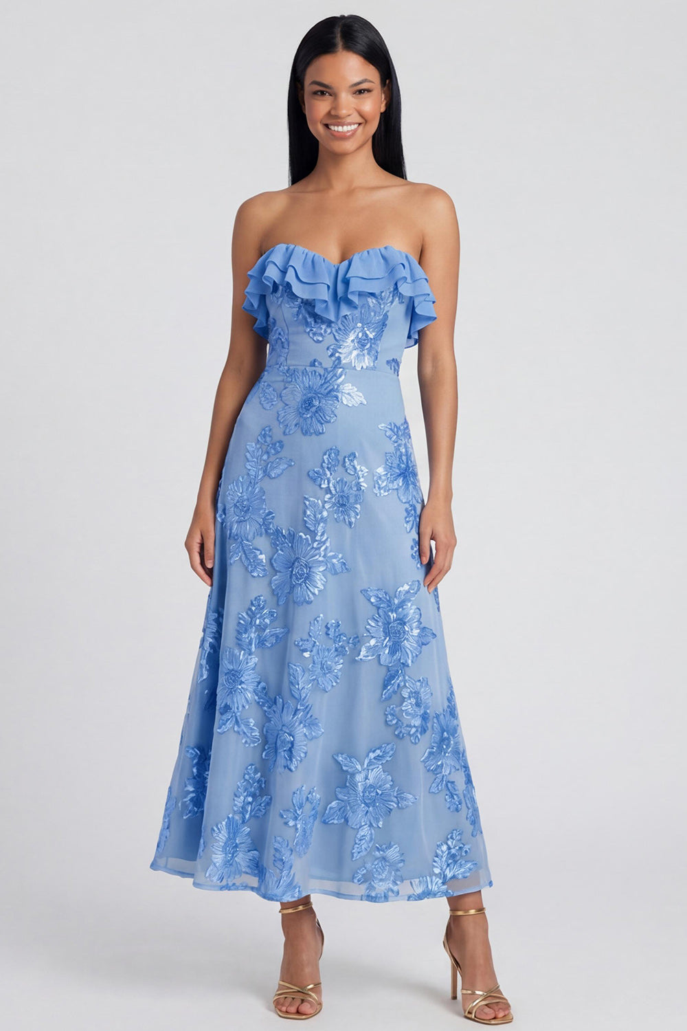 Yellow Floral A Line Strapless Maxi Beach Wedding Guest Dress with Ruffles