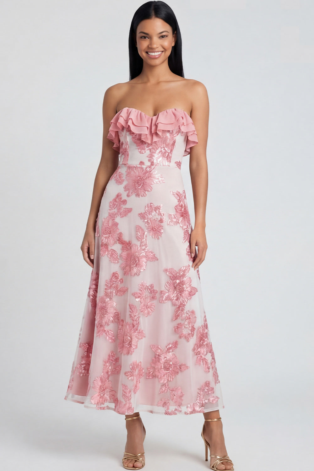 Yellow Floral A Line Strapless Maxi Beach Wedding Guest Dress with Ruffles