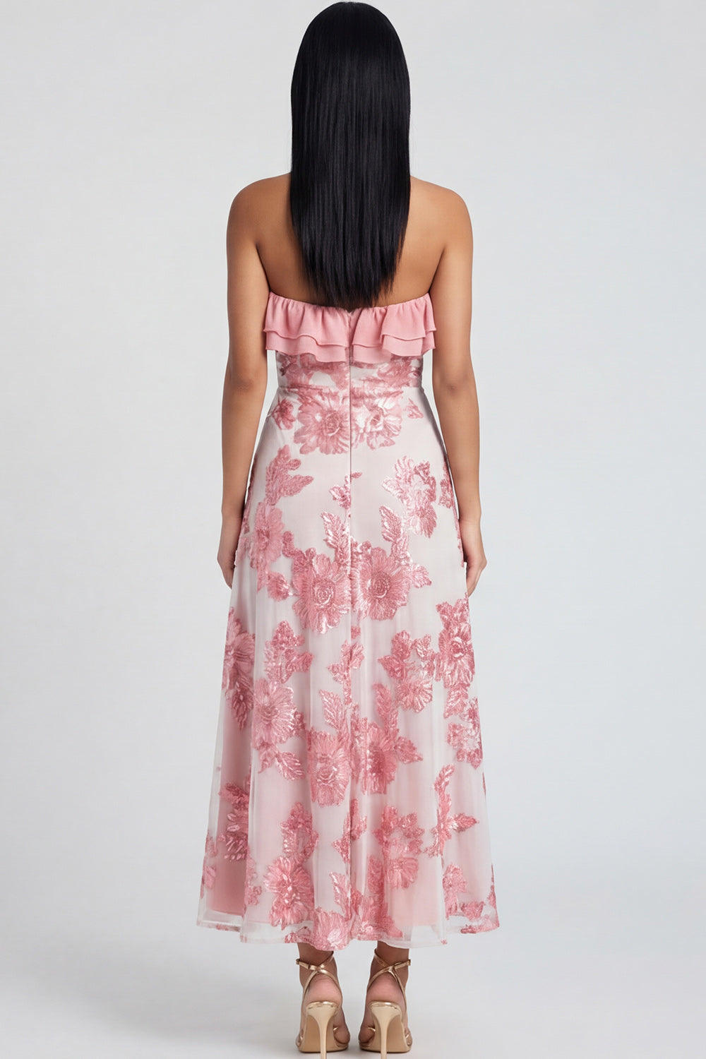 Yellow Floral A Line Strapless Maxi Beach Wedding Guest Dress with Ruffles