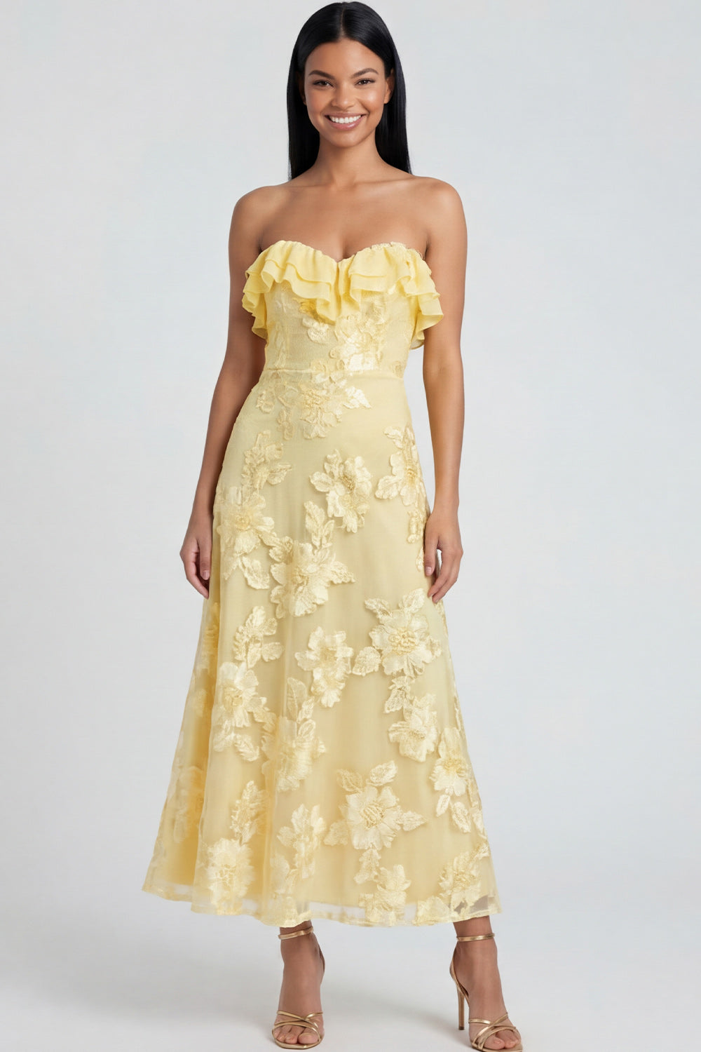 Yellow Floral A Line Strapless Maxi Beach Wedding Guest Dress with Ruffles