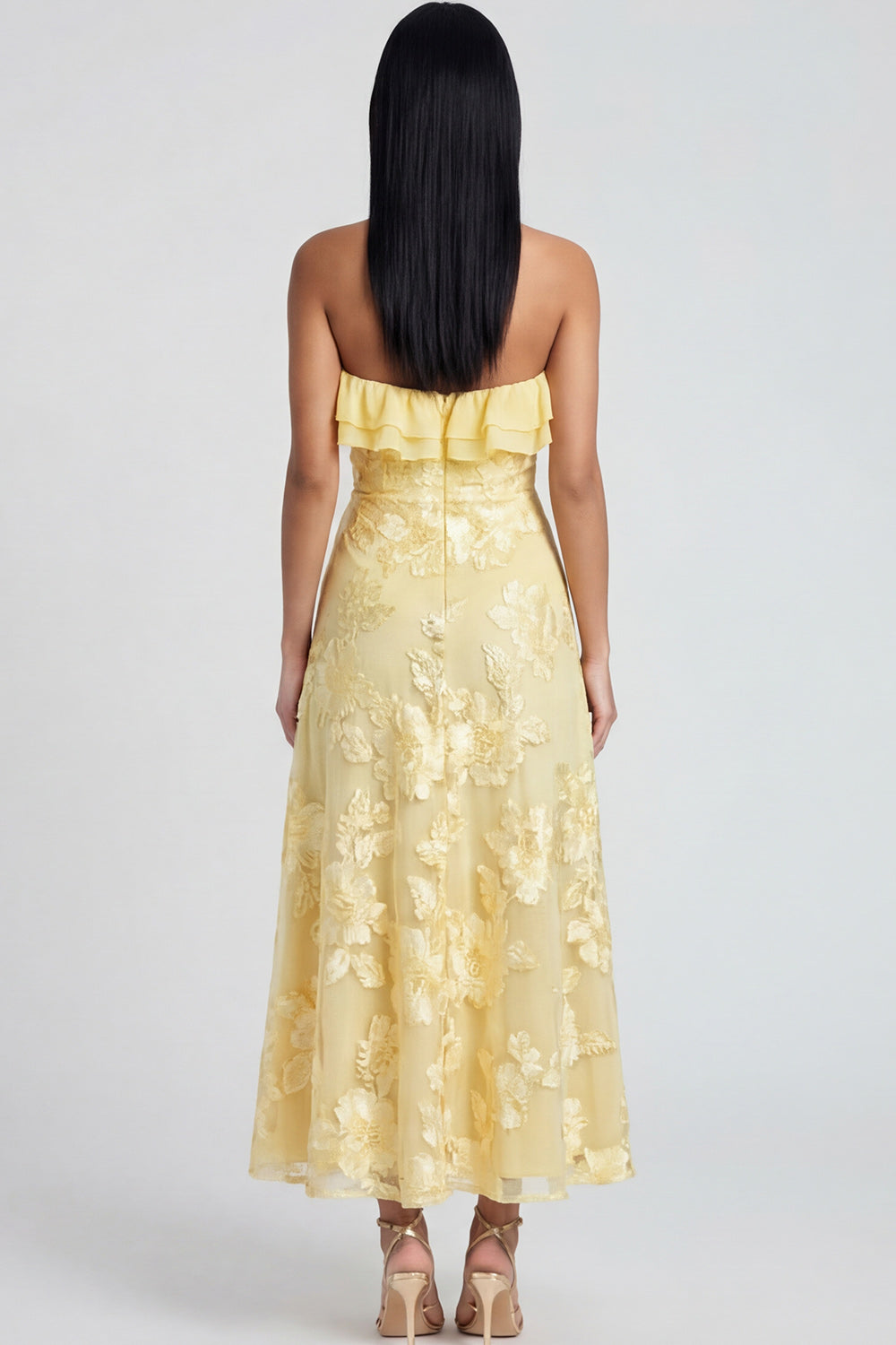 Yellow Floral A Line Strapless Maxi Beach Wedding Guest Dress with Ruffles