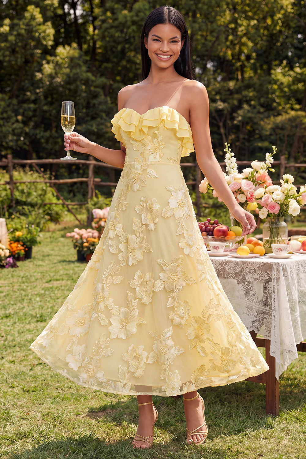 Yellow Floral A Line Strapless Maxi Beach Wedding Guest Dress with Ruffles