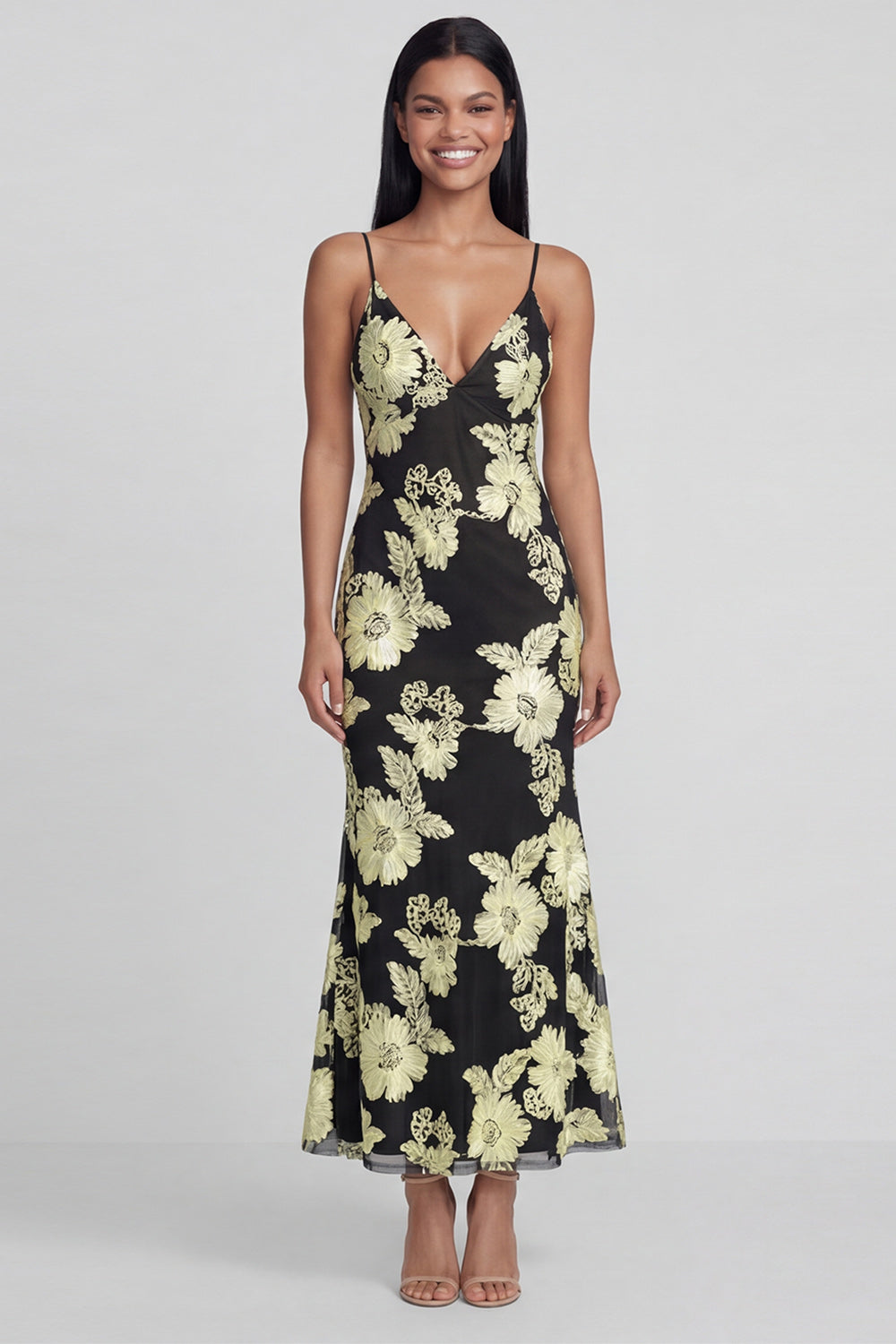 Blue Yellow Mermaid Floral Spaghetti Straps Maxi Beach Wedding Guest Dress
