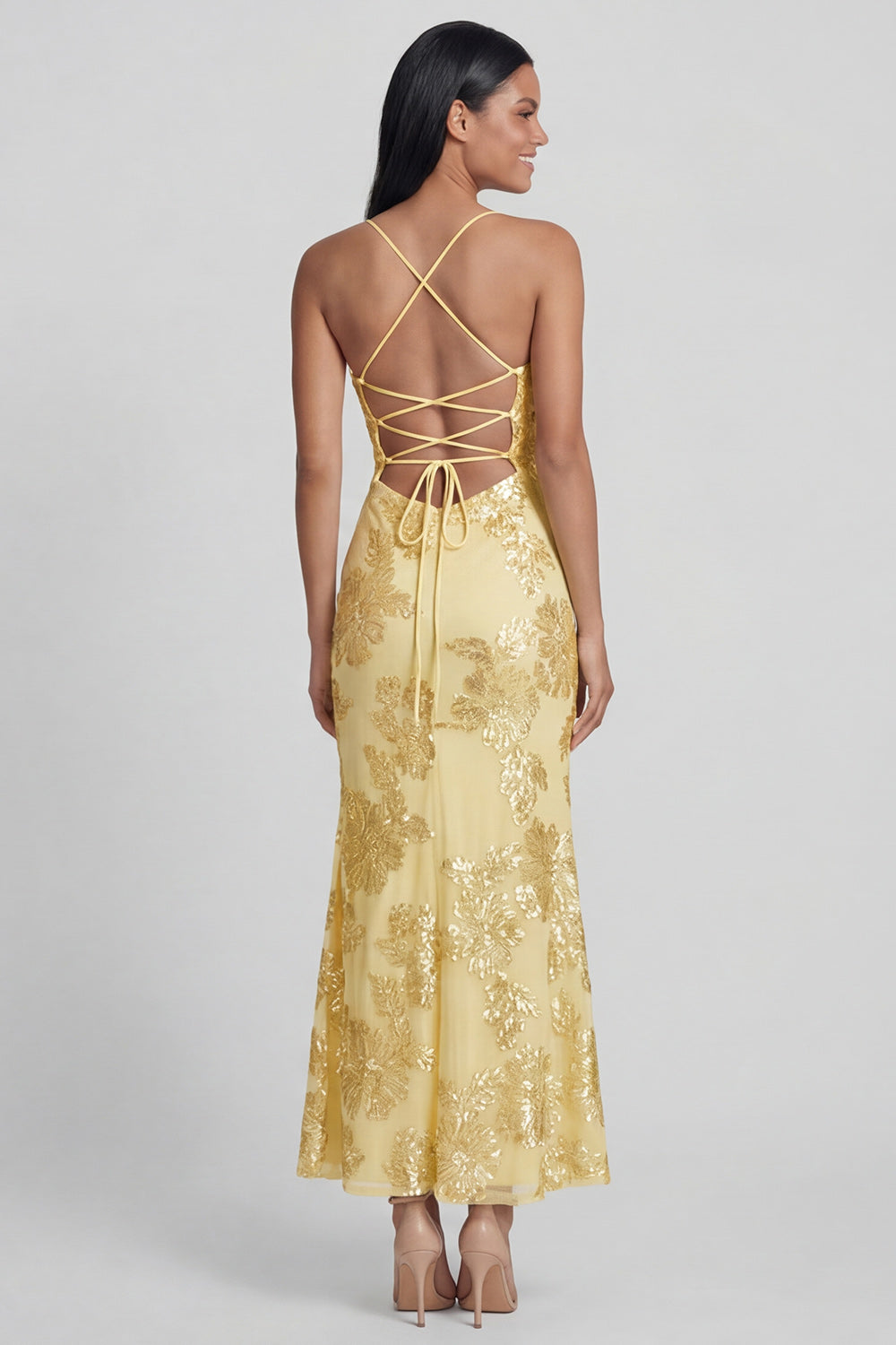 Blue Yellow Mermaid Floral Spaghetti Straps Maxi Beach Wedding Guest Dress