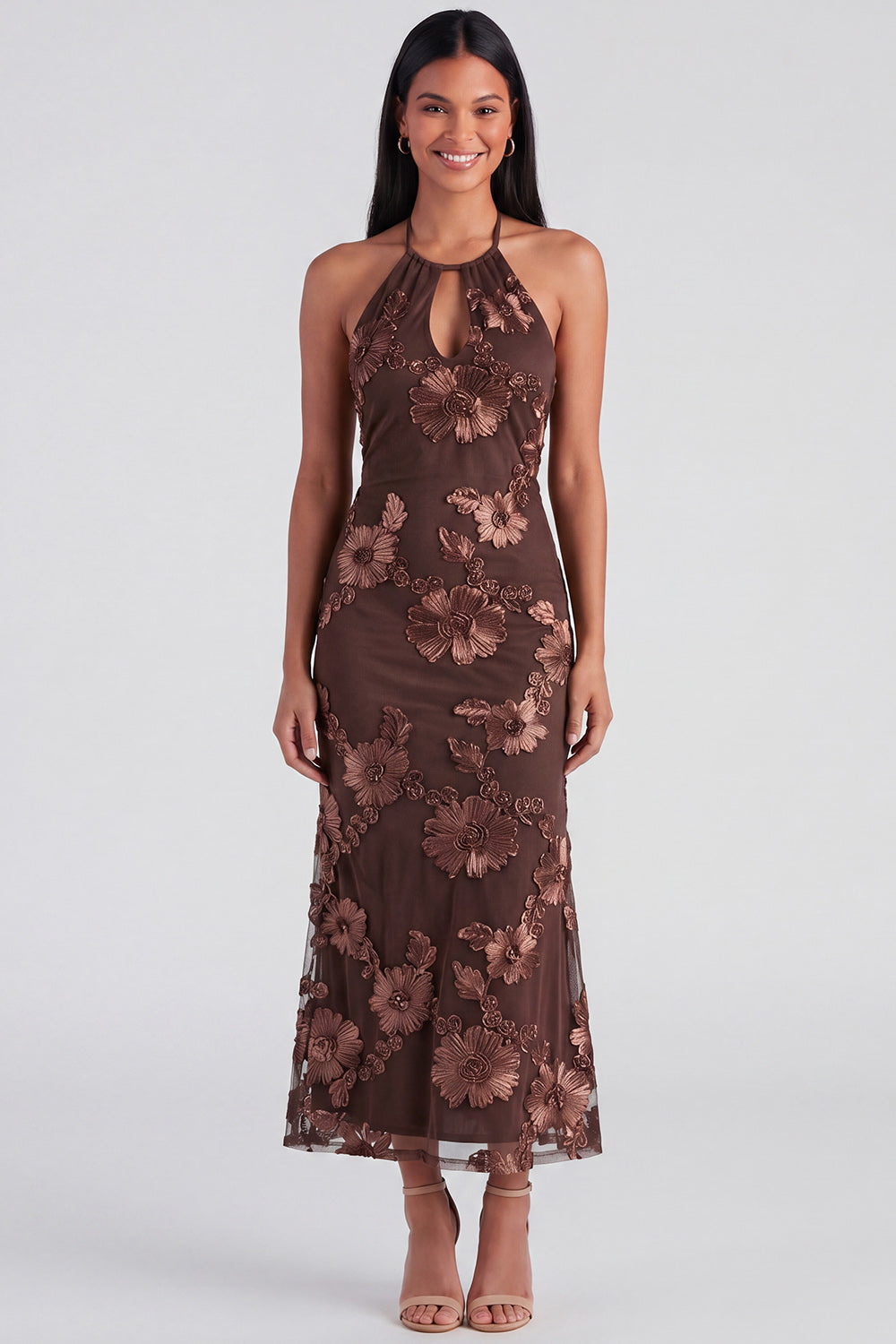 Sage Green Floral Mermaid Halter Maxi Beach Wedding Guest Dress wirh Keyhole