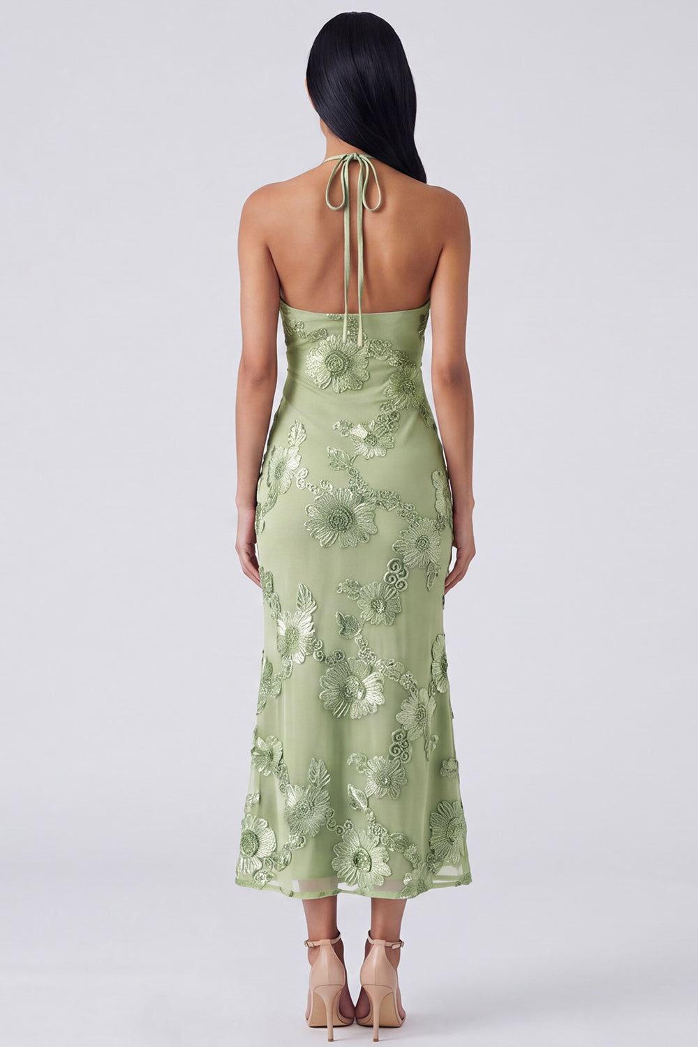 Sage Green Floral Mermaid Halter Maxi Beach Wedding Guest Dress wirh Keyhole