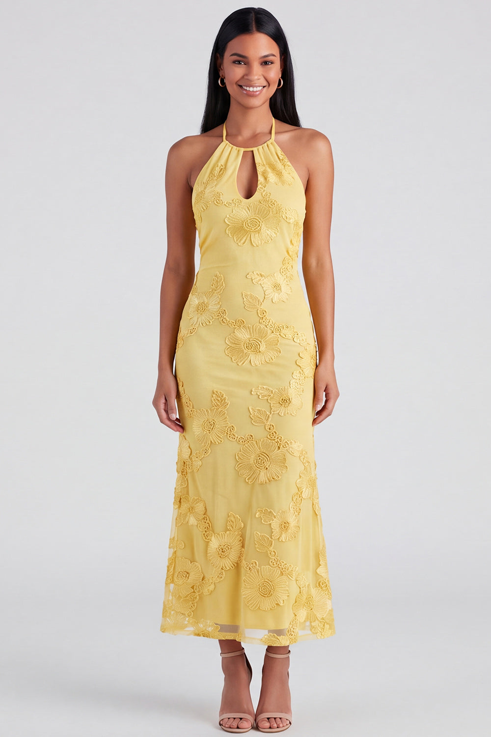 Sage Green Floral Mermaid Halter Maxi Beach Wedding Guest Dress wirh Keyhole