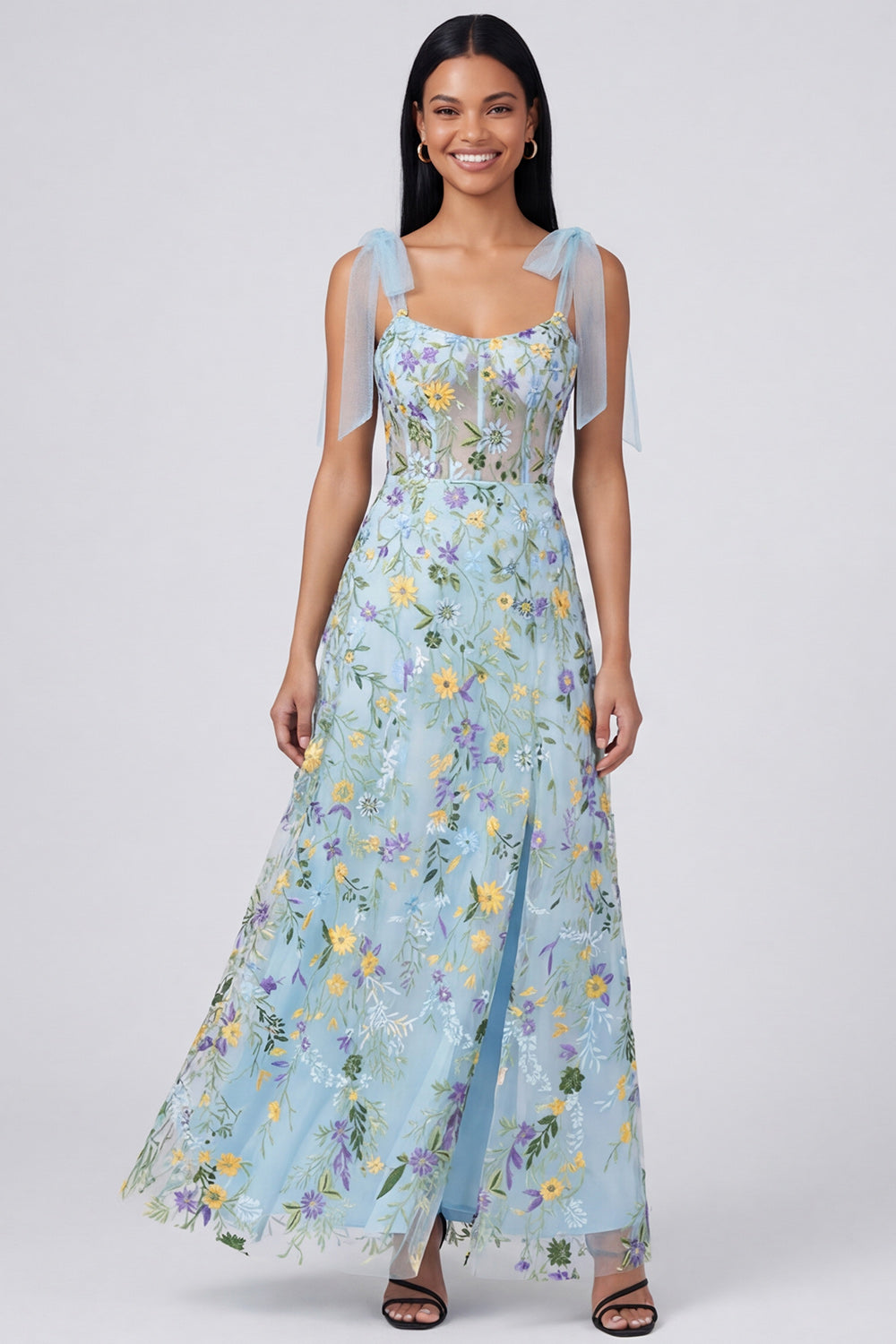Blue Corset A Line Floral Maxi Beach Wedding Guest Dress with Bows