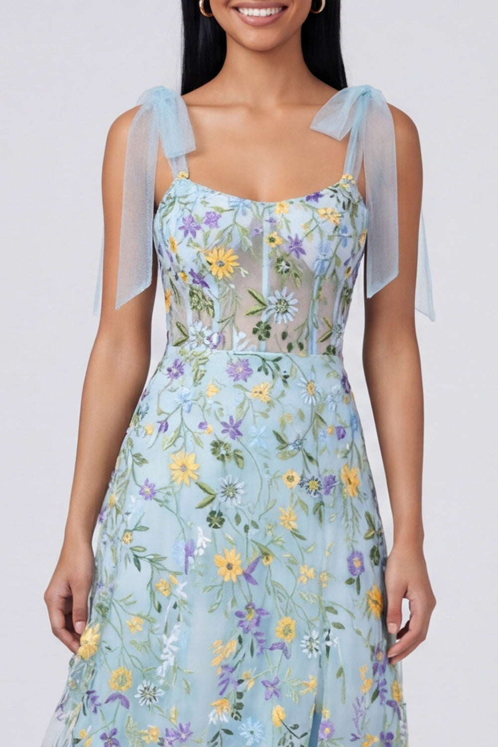 Blue Corset A Line Floral Maxi Beach Wedding Guest Dress with Bows