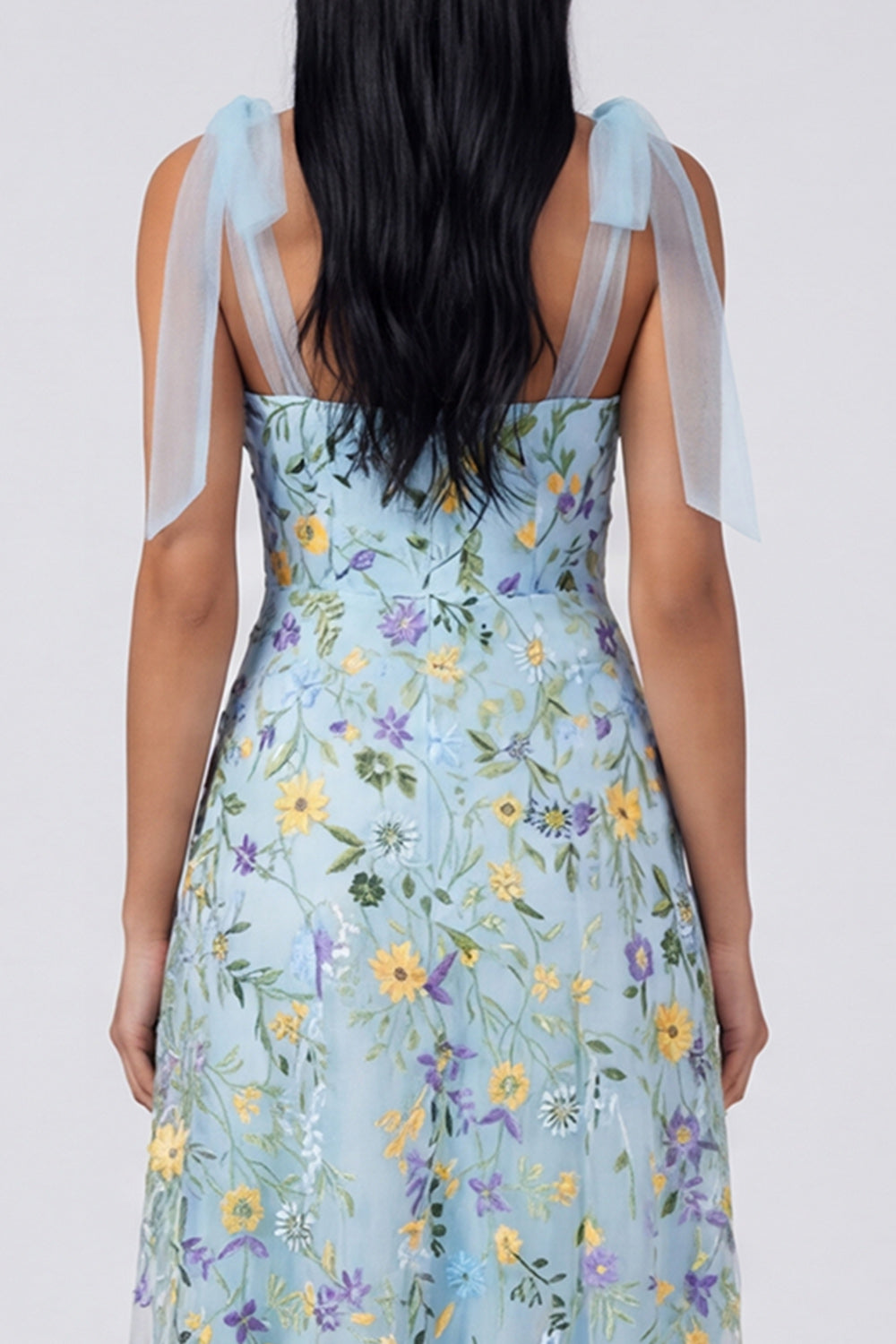 Blue Corset A Line Floral Maxi Beach Wedding Guest Dress with Bows