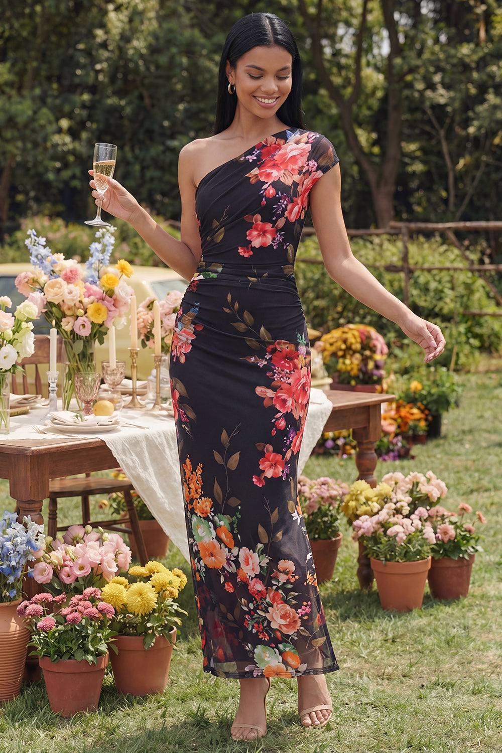 Black One Shoulder Ruched Floral A Line Beach Maxi Wedding Guest Dress