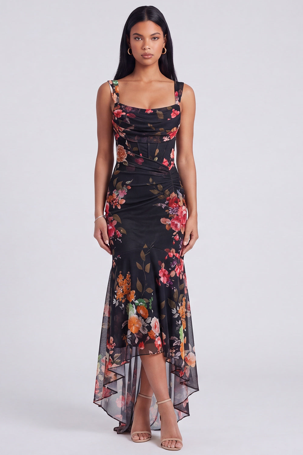 Ivory Mermaid Corset Floral Ruched Maxi Beach Wedding Guest Dress