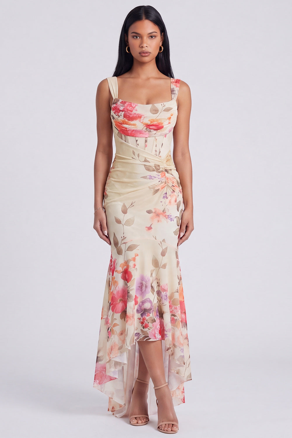 Ivory Mermaid Corset Floral Ruched Maxi Beach Wedding Guest Dress