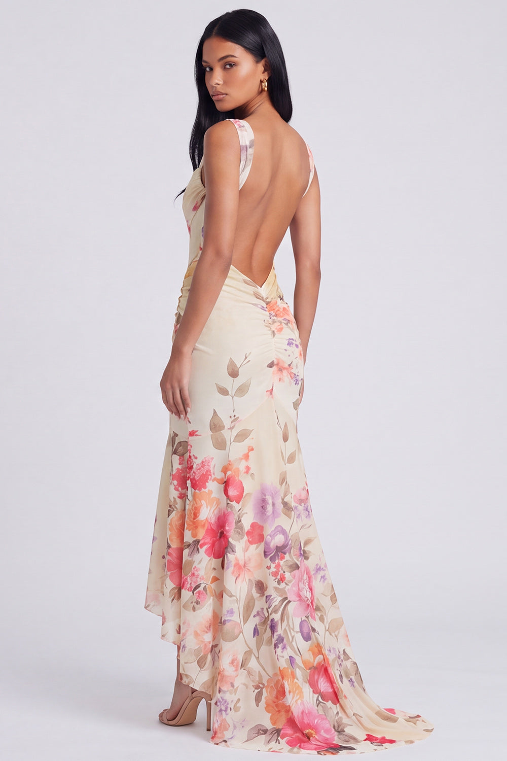 Ivory Mermaid Corset Floral Ruched Maxi Beach Wedding Guest Dress