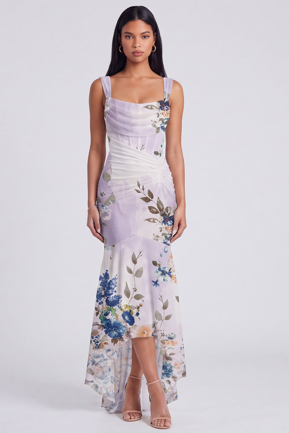 Ivory Mermaid Corset Floral Ruched Maxi Beach Wedding Guest Dress