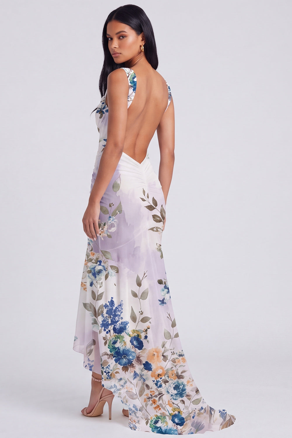 Ivory Mermaid Corset Floral Ruched Maxi Beach Wedding Guest Dress