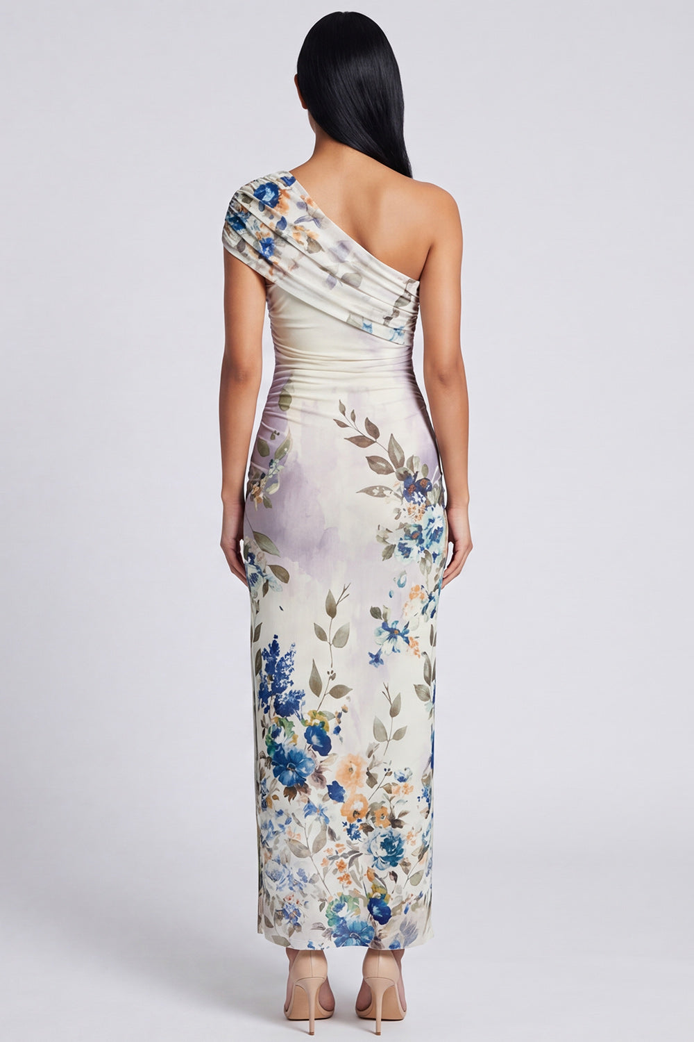 Ivory Sheath Ruched Floral Maxi Beach Wedding Guest Dress with Slit