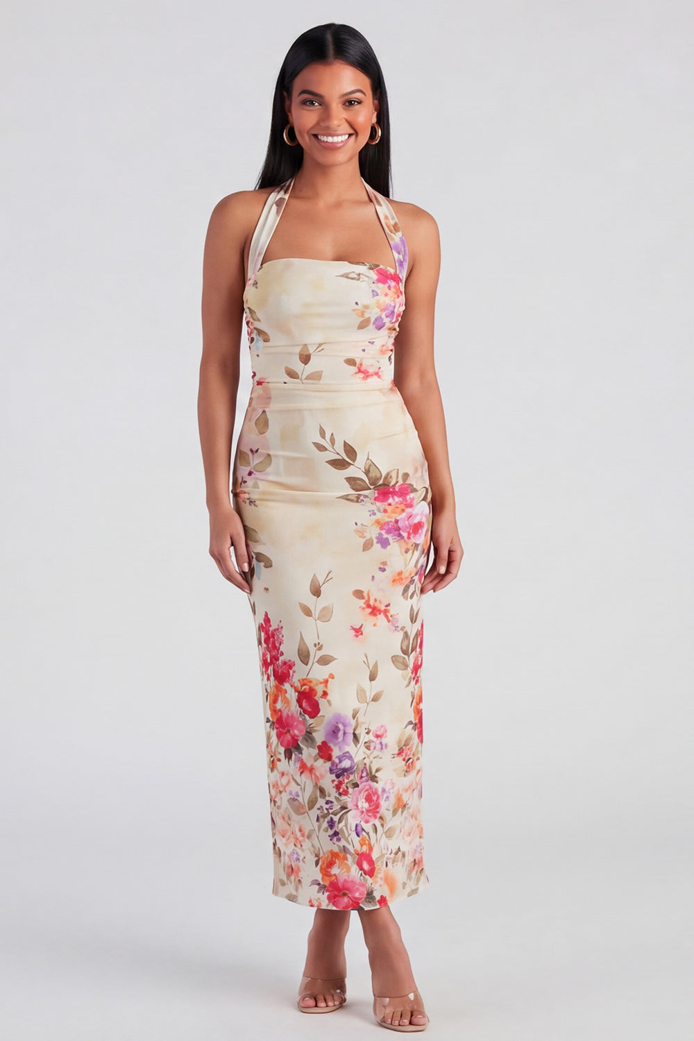 Champagne Halter Sheath Ruched Floral Maxi Wedding Guest Dress