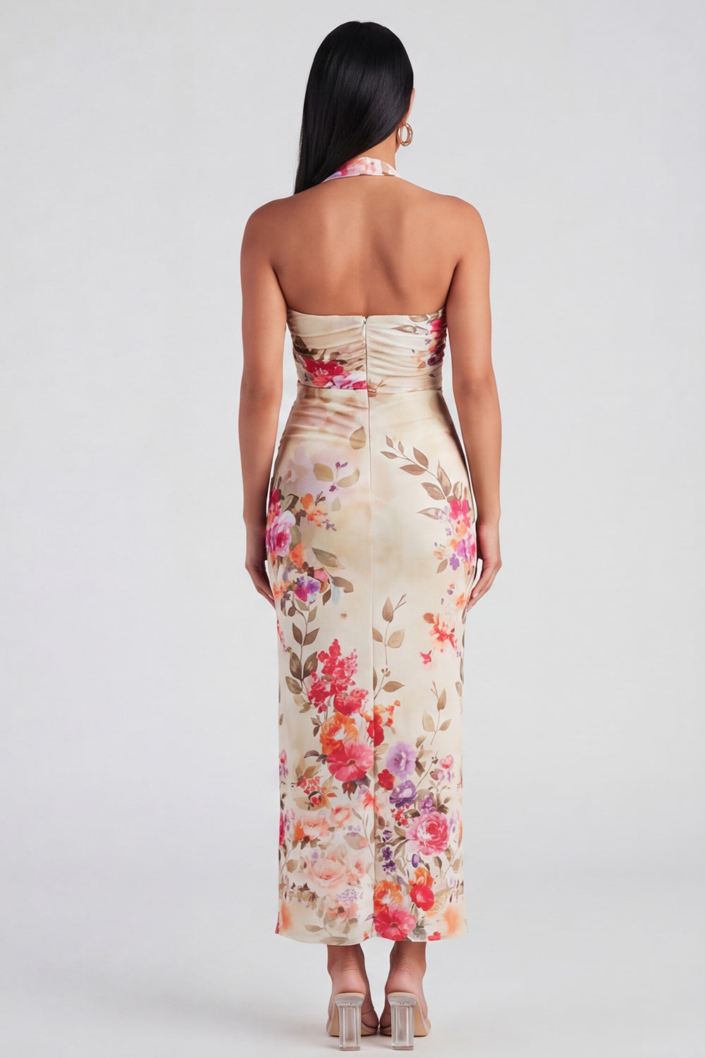 Champagne Halter Sheath Ruched Floral Maxi Wedding Guest Dress