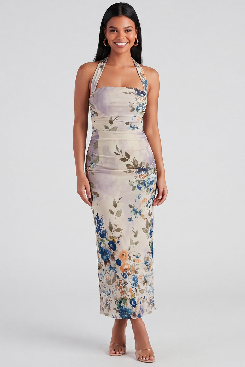 Champagne Halter Sheath Ruched Floral Maxi Wedding Guest Dress