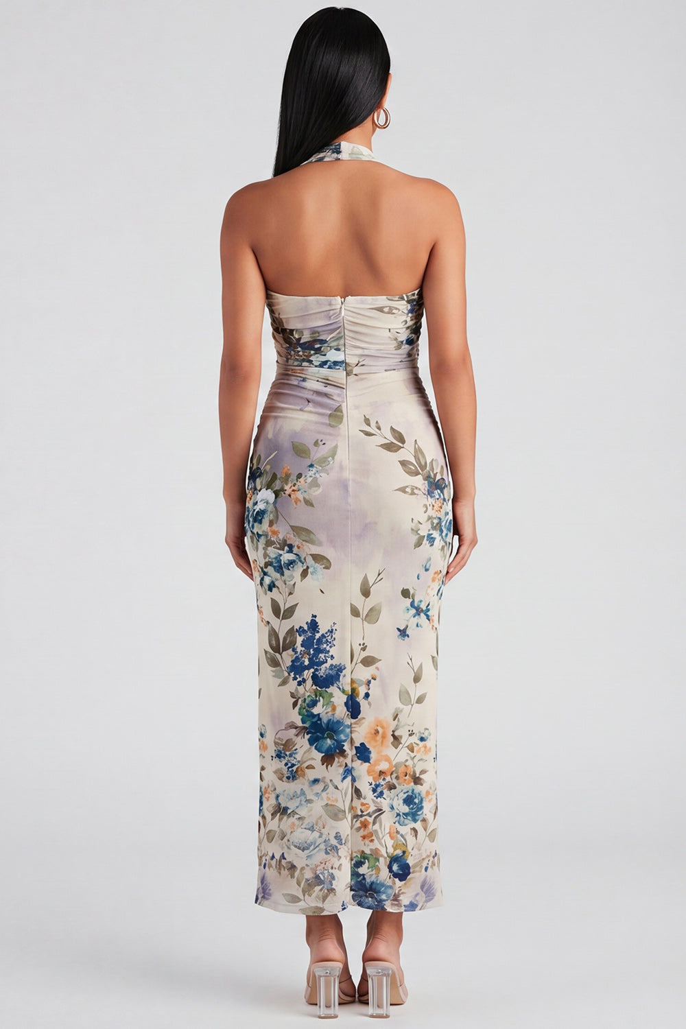 Champagne Halter Sheath Ruched Floral Maxi Wedding Guest Dress
