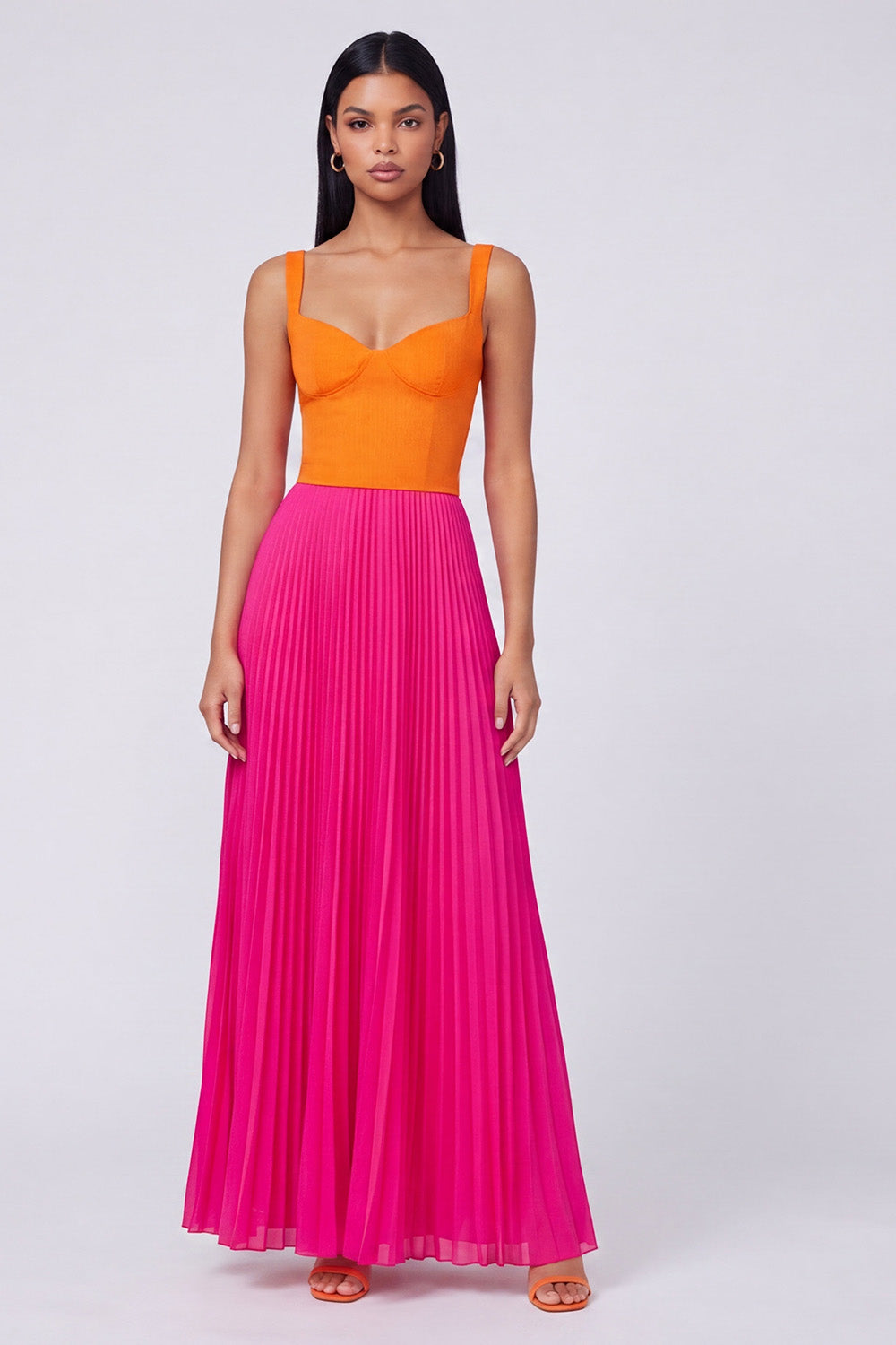 A Line Orange and Fuchsia Long Patchwork Formal Dress with Pleats