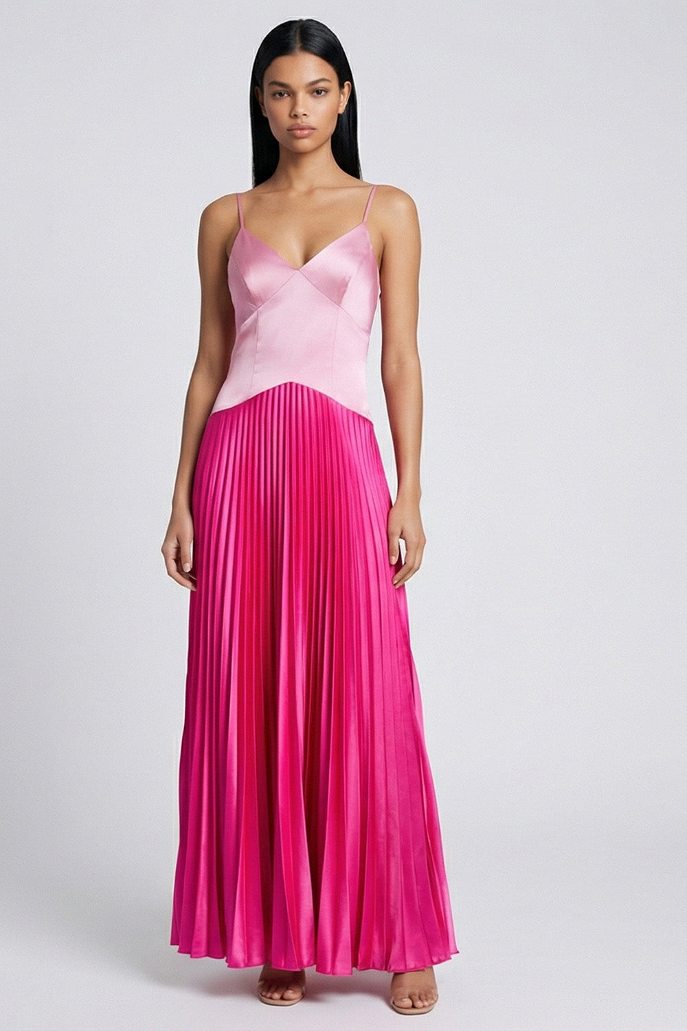 Pink and Fuchsia Spaghetti Straps Patchwork Basque Wasit Long Formal Dress with Pleats