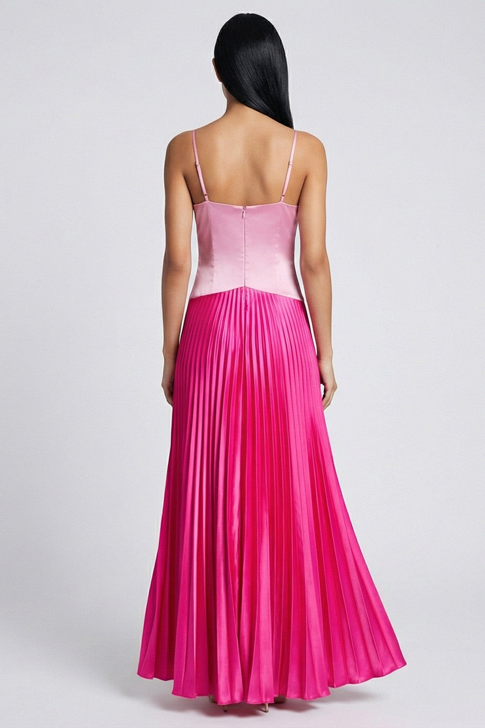 Pink and Fuchsia Spaghetti Straps Patchwork Basque Wasit Long Formal Dress with Pleats