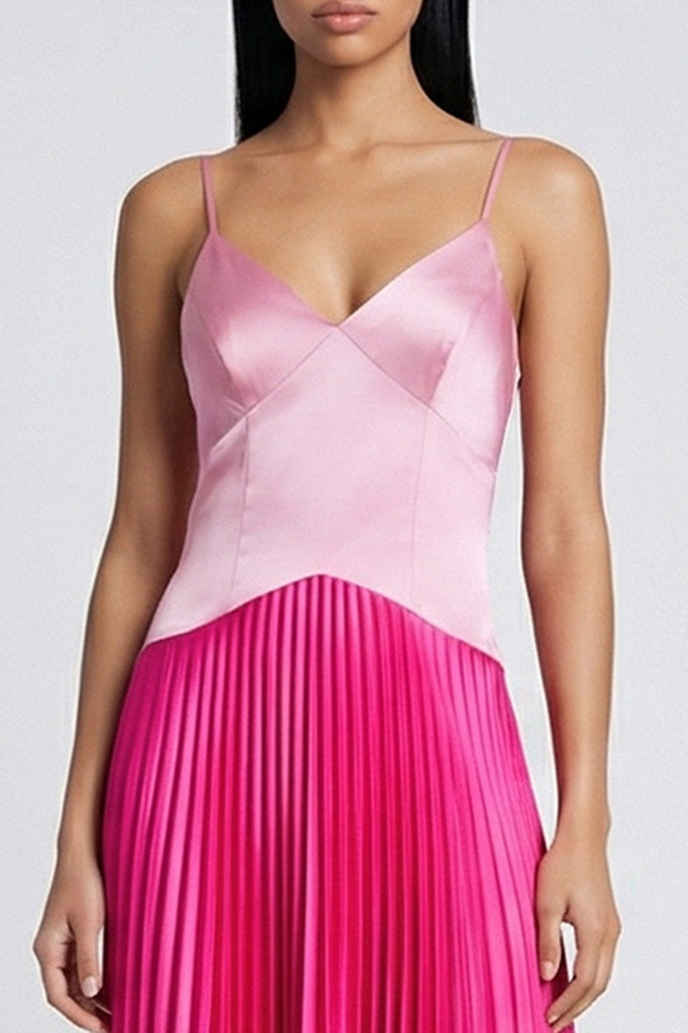 Pink and Fuchsia Spaghetti Straps Patchwork Basque Wasit Long Formal Dress with Pleats