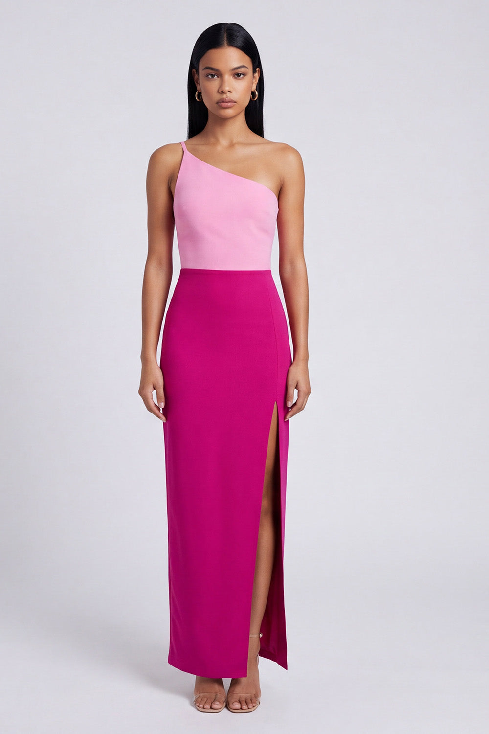 Pink and Fuchsia Sheath Patchwork Long Formal Dress with Slit