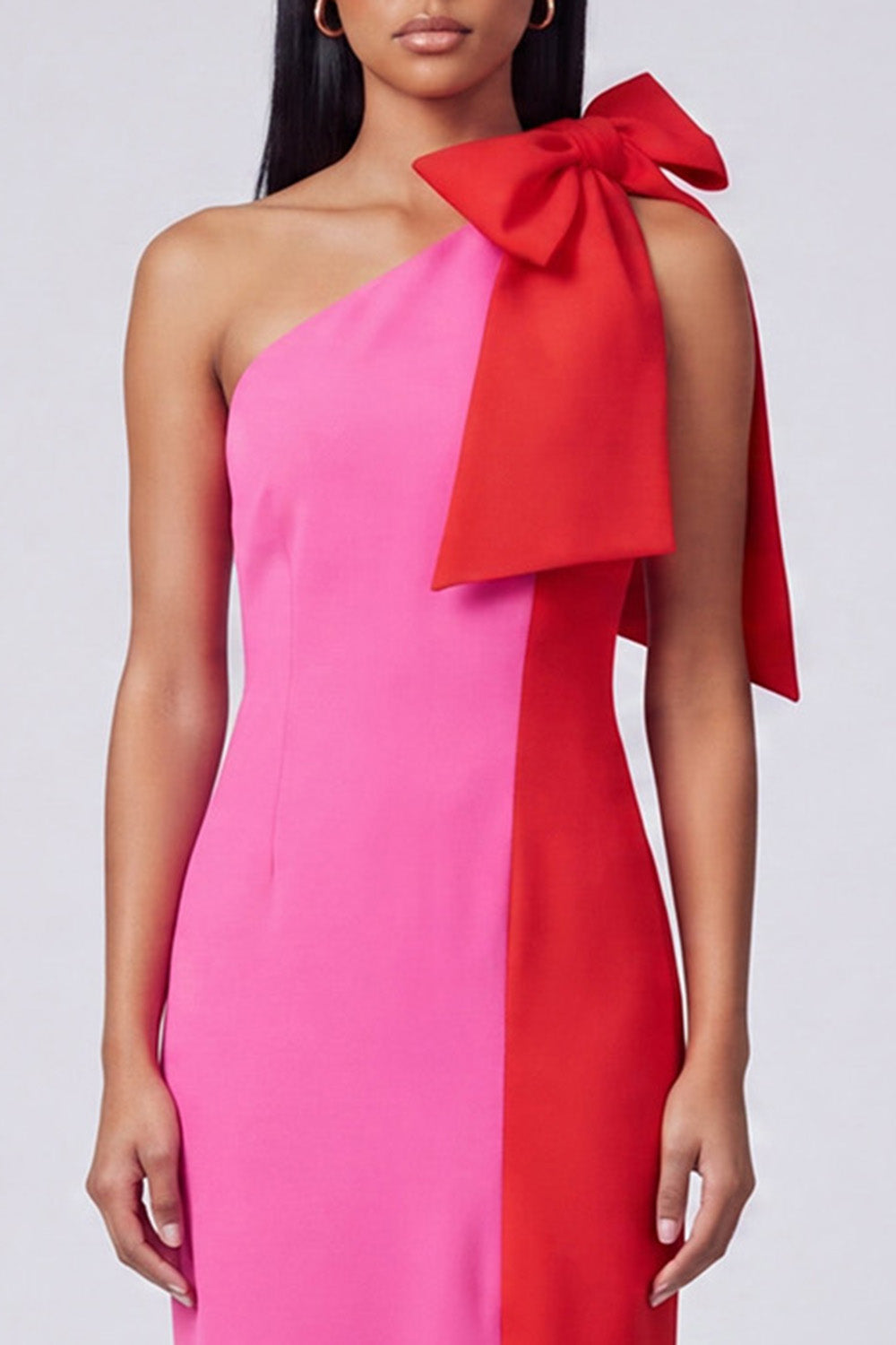 Fuchsia and Red Patchwork Sheath Long Formal Dress with Bow