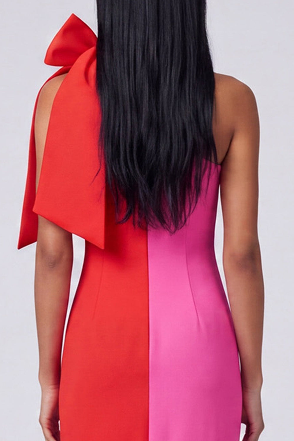 Fuchsia and Red Patchwork Sheath Long Formal Dress with Bow