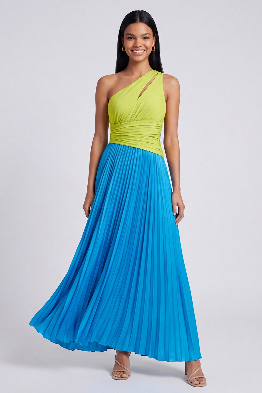 Green and Blue Pleated Patchwork Long Formal Dress with Keyhole