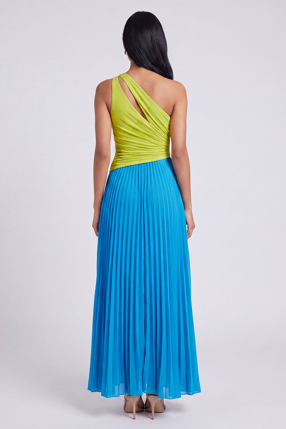 Green and Blue Pleated Patchwork Long Formal Dress with Keyhole