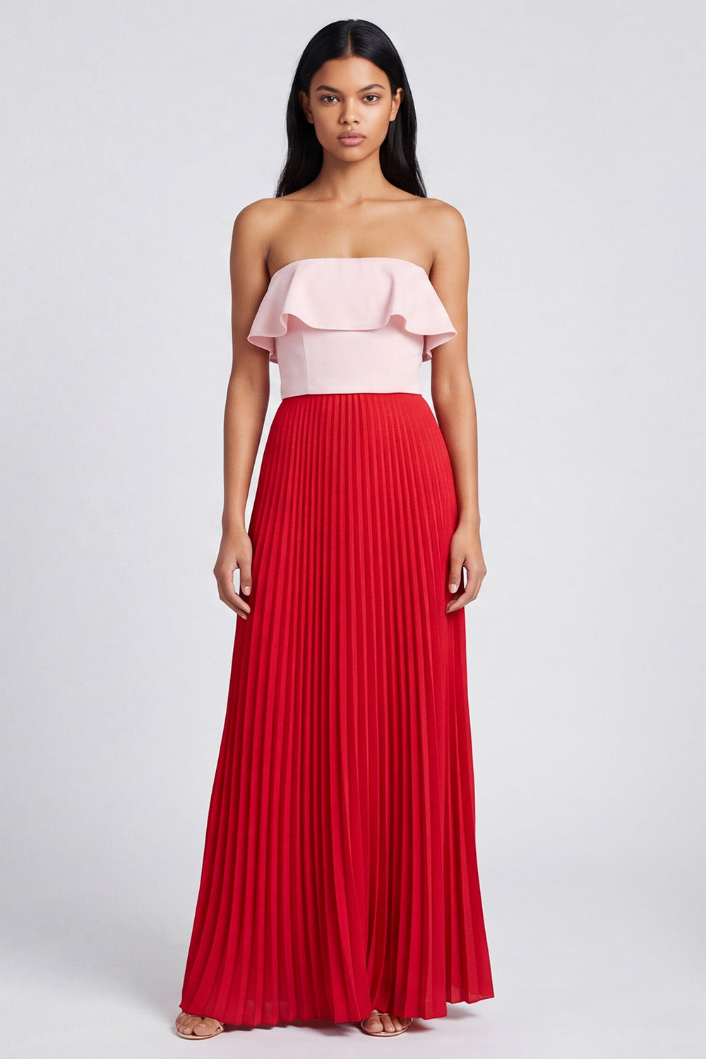Pink and Red Ruffled Patchwork A Line Long Formal Dress with Pleats