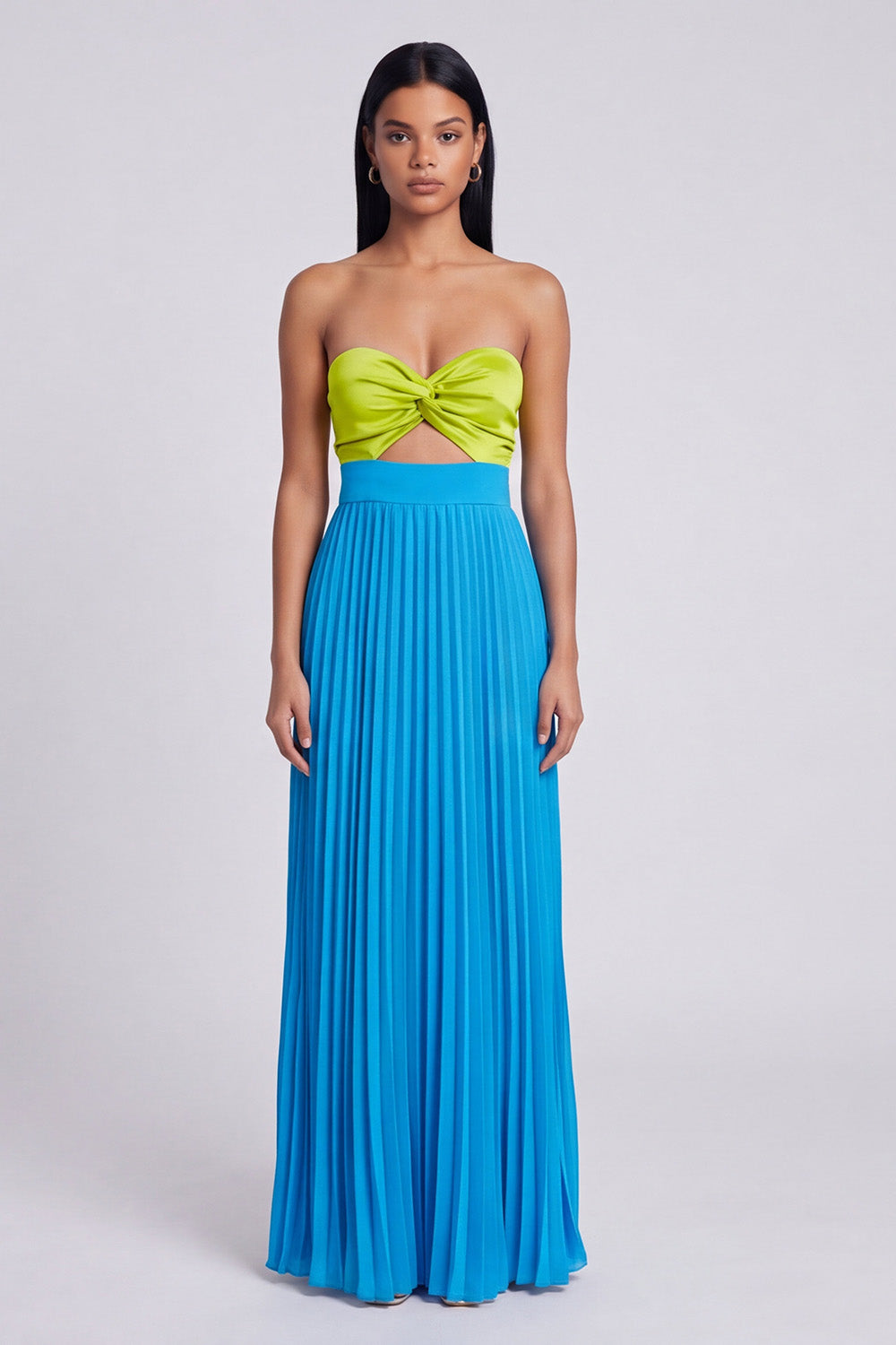 Green and Blue Cut Out Empire Waist Long Patchwork Formal Dress