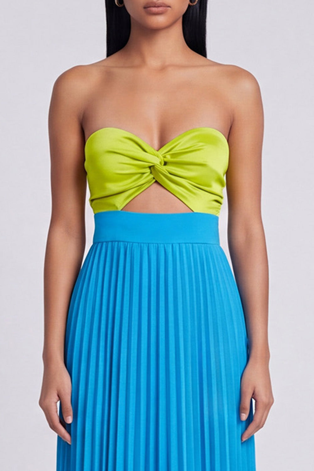 Green and Blue Cut Out Empire Waist Long Patchwork Formal Dress