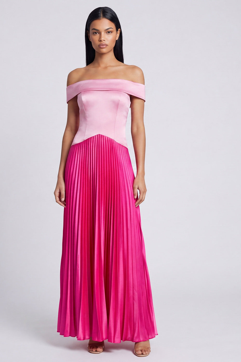 Pink and Fuchsia A Line Patchwork Pleated Long Formal Dress