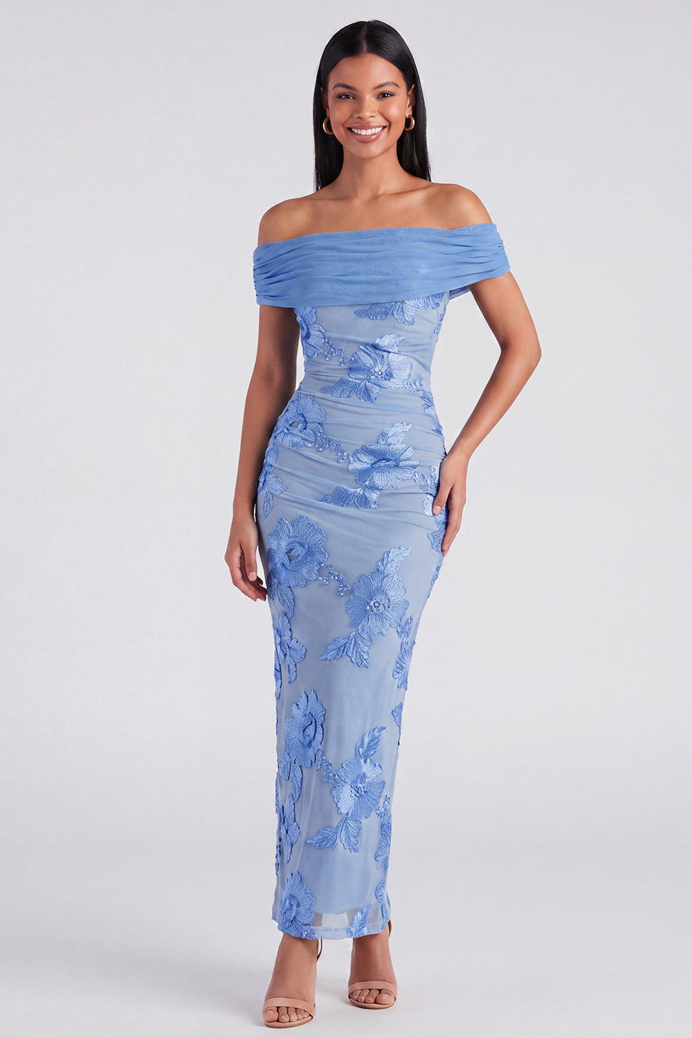 Blue Floral Off the Shoulder Mermaid Maxi Beach Wedding Guest Dress with Back Slit