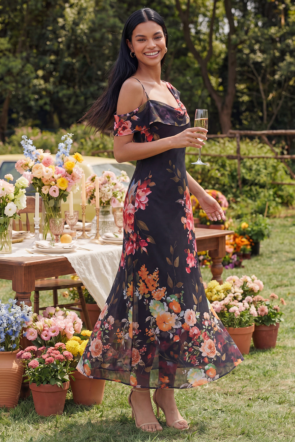 Ivory Floral Sheath Asymmetrical Neck Maxi Beach Wedding Guest Dress