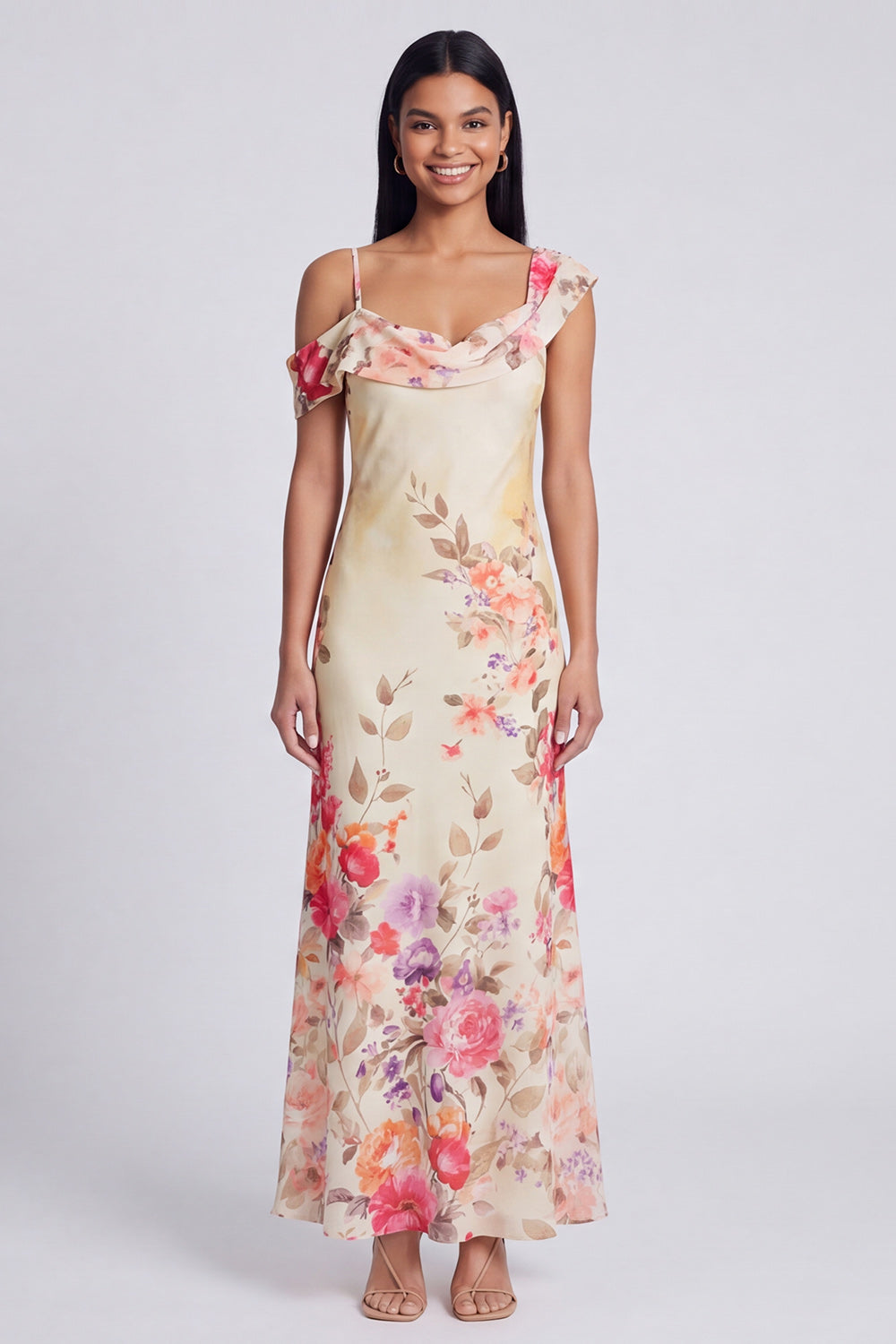 Ivory Floral Sheath Asymmetrical Neck Maxi Beach Wedding Guest Dress