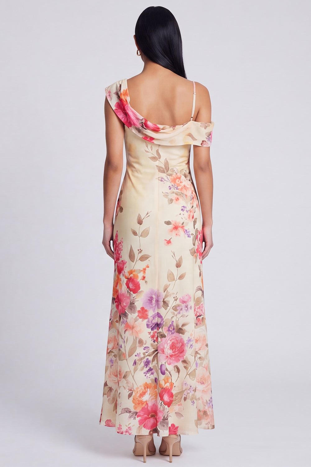 Ivory Floral Sheath Asymmetrical Neck Maxi Beach Wedding Guest Dress