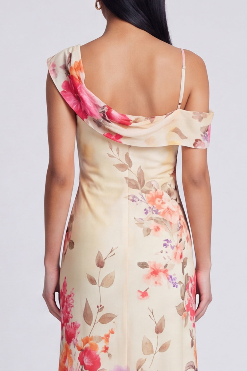 Ivory Floral Sheath Asymmetrical Neck Maxi Beach Wedding Guest Dress