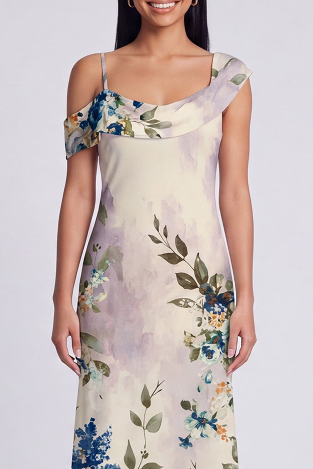 Ivory Floral Sheath Asymmetrical Neck Maxi Beach Wedding Guest Dress