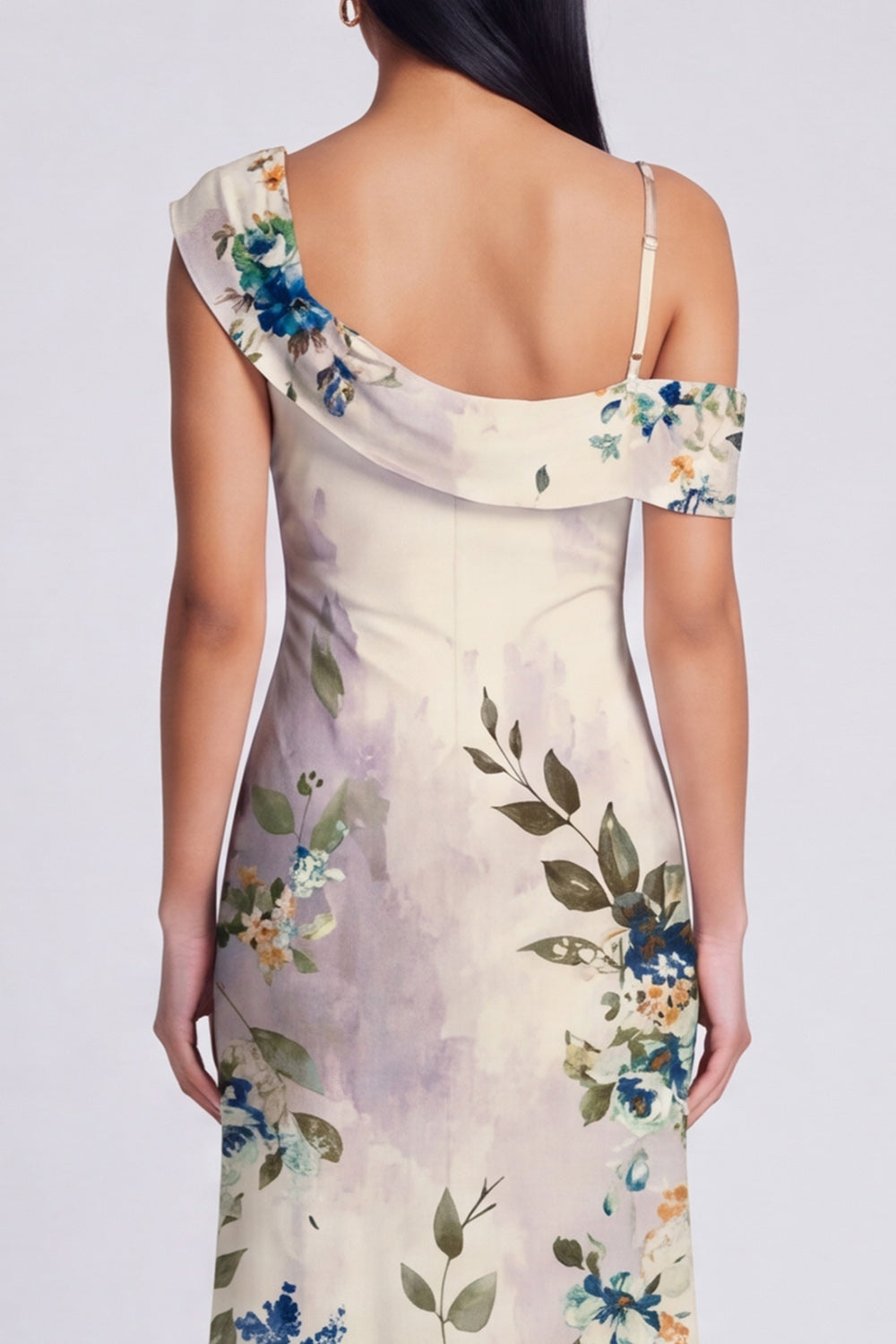 Ivory Floral Sheath Asymmetrical Neck Maxi Beach Wedding Guest Dress