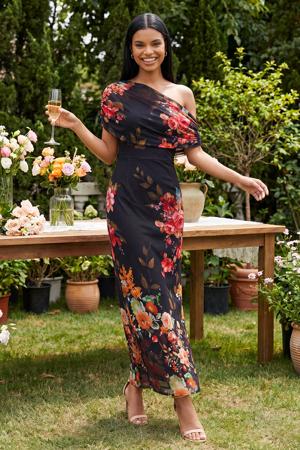 Sheath Ruched Ivory Asymmetrical Shoulder Floral Maxi Wedding Guest Dress