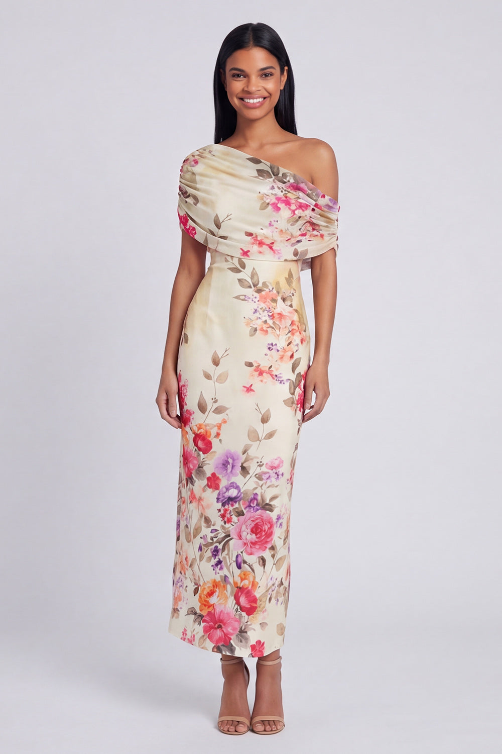 Sheath Ruched Ivory Asymmetrical Shoulder Floral Maxi Wedding Guest Dress