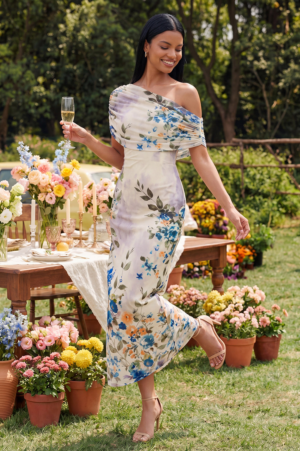 Sheath Ruched Ivory Asymmetrical Shoulder Floral Maxi Wedding Guest Dress