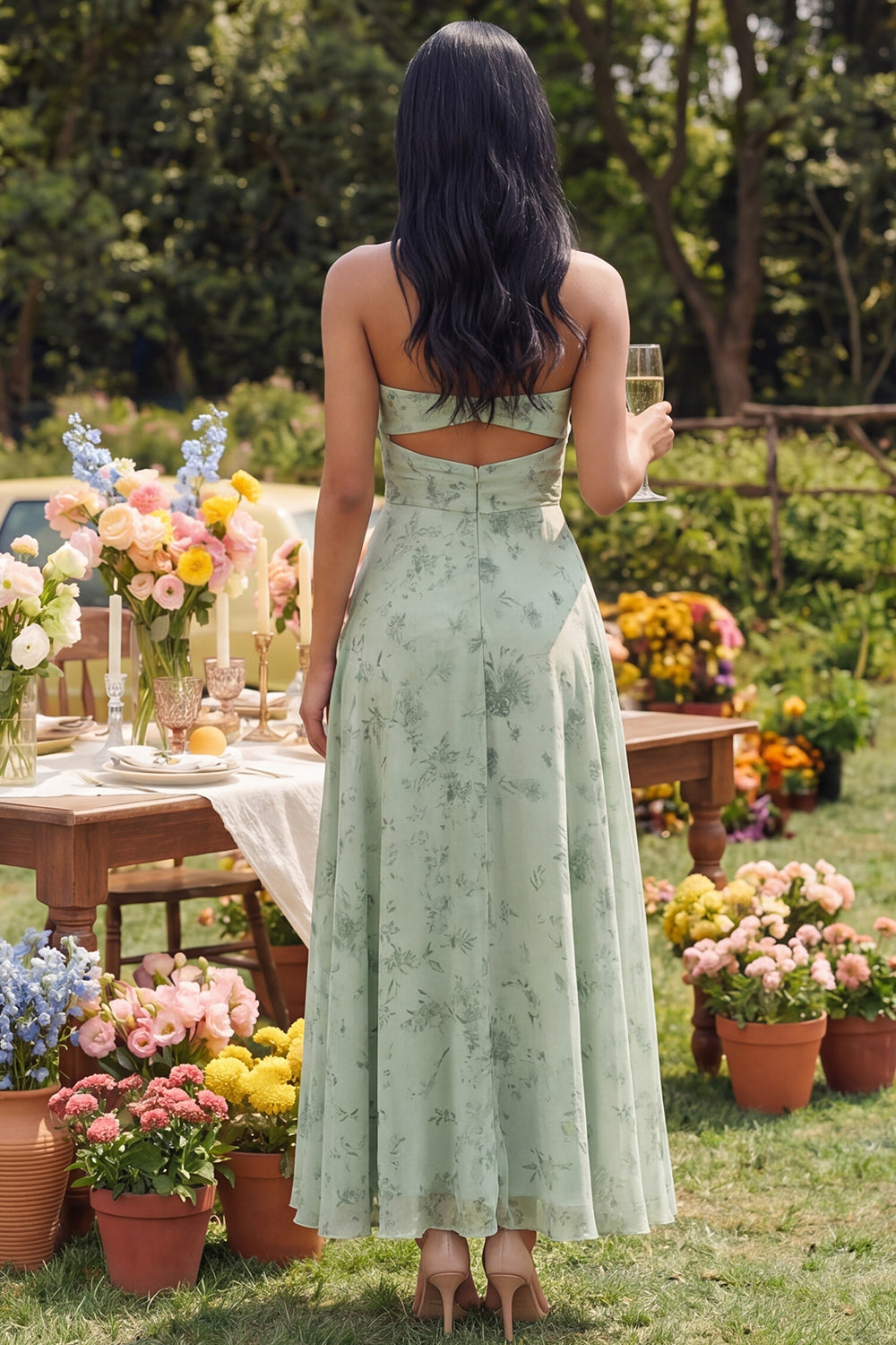 A Line Dusty Sage Cut Out Maxi Wedding Guest Dress with Keyhole